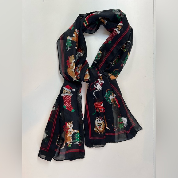 Vintage Christmas Cat Kitty Scarf Sheer Neck Wrap Stockings Packages Playful - Picture 1 of 7